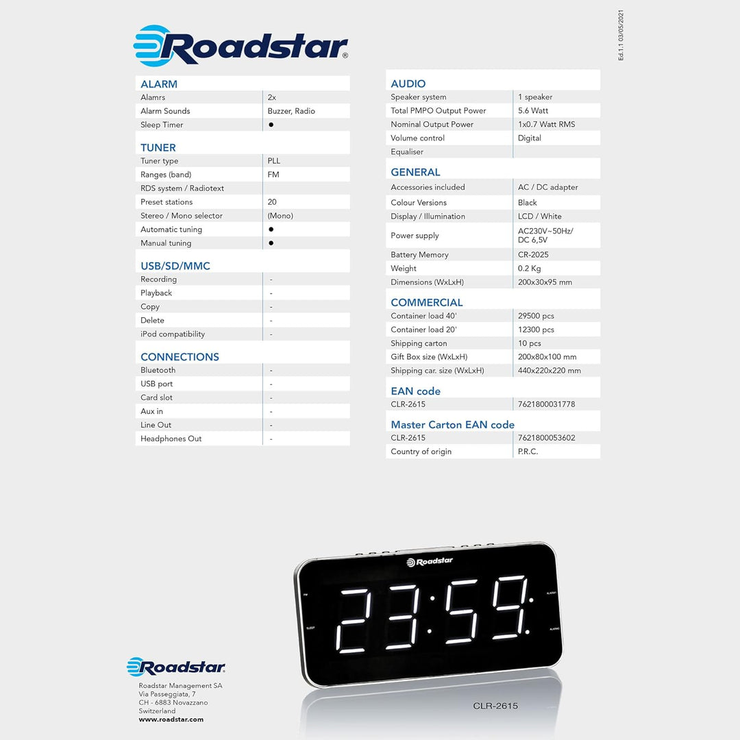 Roadstar CLR-2615 Uhrenradio/Radiowecker im schlanken Design, mit grossem LED-Display, Zwei Weckzeit
