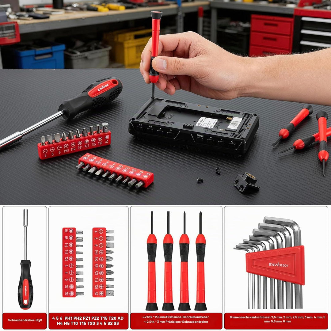 Enventor 48-Tlg Kleiner Werkzeugkoffer, Rotes Mini-Werkzeugset mit Hammer und Schraubendreher-Set, i