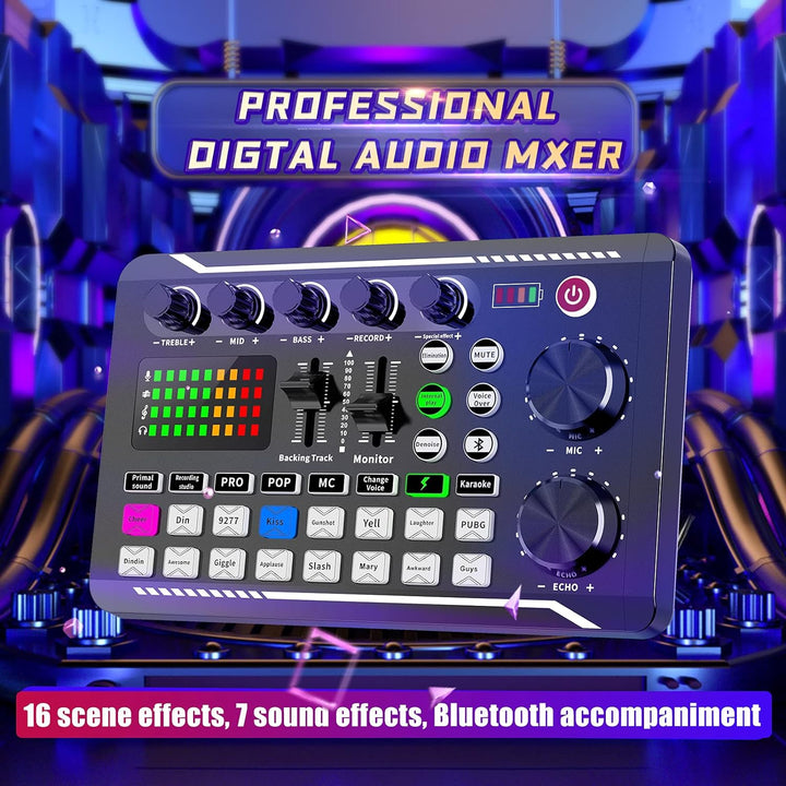 Live-Soundkarte und Audio-Interface mit DJ-Mixer-Effekten und Sprach-Wechsler, F998 Bluetooth Stereo