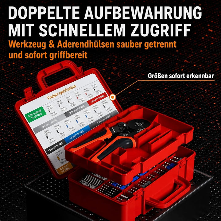 PEBA Vierkant Crimpzange Set mit 33 Grössen Aderendhülsen 0,25–10 mm² inkl. Twin Hülsen, selbstjusti
