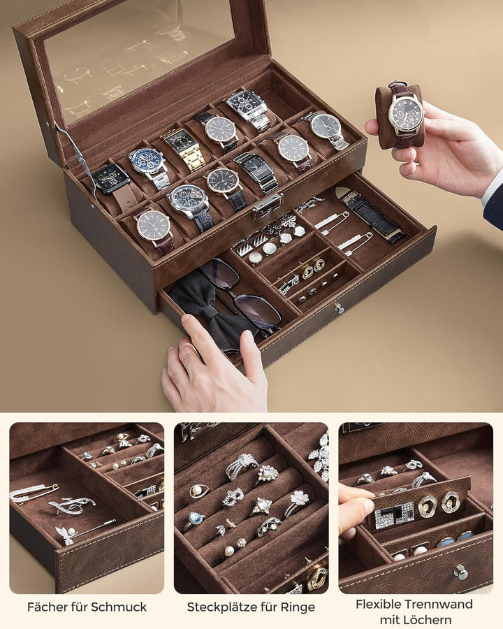 SONGMICS Uhrenbox, Uhrenkasten mit Glasdeckel, Uhrenkoffer 2 Ebenen, für 12 Uhr, abschliessbar, 1 Sc