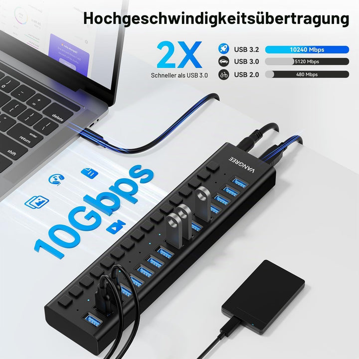 Powered USB Hub 10Gbps, 16 Ports 96W USB 3.2 Hub, Individual On/Off Switches, 12V/8A Power Adapter,