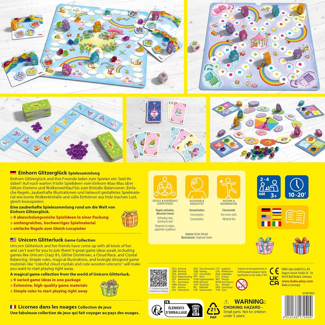 HABA Einhorn Glitzerglück Spielesammlung – 9 in 1 Spiele Set: Würfel-, Brett- & Kartenspiele für Kin