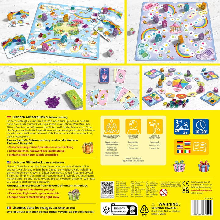 HABA Einhorn Glitzerglück Spielesammlung – 9 in 1 Spiele Set: Würfel-, Brett- & Kartenspiele für Kin