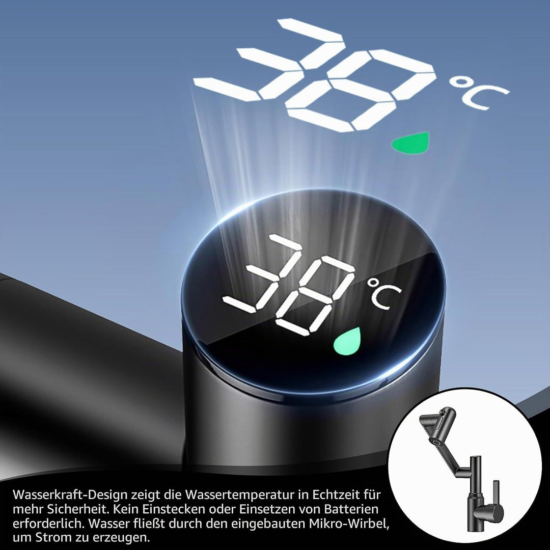 Wasserhahn mit LED Temperaturanzeige, Einhand-Badezimmerarmatur, Drehbarer Multifunktionshahn, Küche