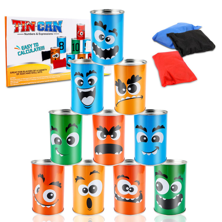 Dosenwerfen Kinder,Dosenwurfspiel für Kindergeburtstag Büchsenwerfen Garten,10 Dosen und 3 Bean Bags