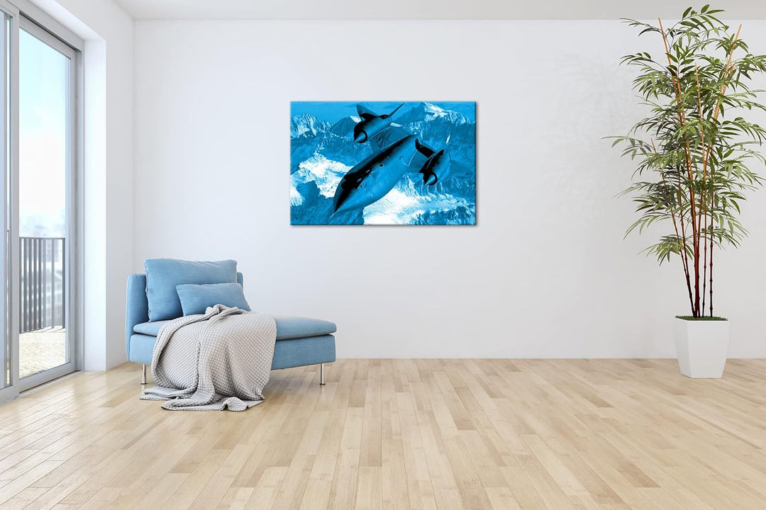 schwarzer Jet über den Bergen Format 80x60 Effekt: Monocrome Blau als Leinwandbild, Motiv fertig ger