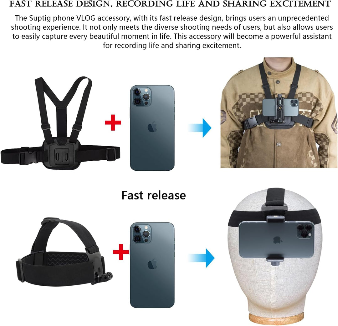 Suptig Handy-Brustgurt-Halterungs-Set für POV/VLOG, Handy-Clip für iPhone, Samsung, GoPro Hero 13, H