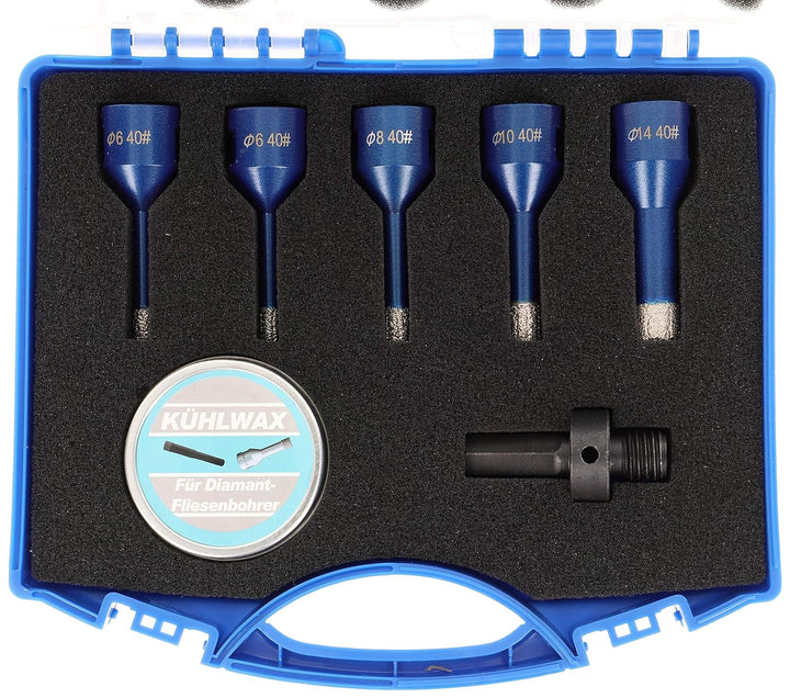 PRODIAMANT Fliesenbohrer Koffer Set 7-teilig 2x 6 mm, 8 mm, 10 mm, 14 mm x M14 für Winkelschleifer m