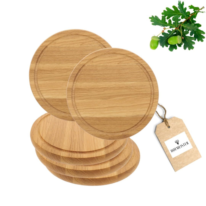 5X HOFMEISTER® Schneidebrett aus Eichen-Holz, rund 25 cm, kleines Tranchierbrett mit Saftrille, robu