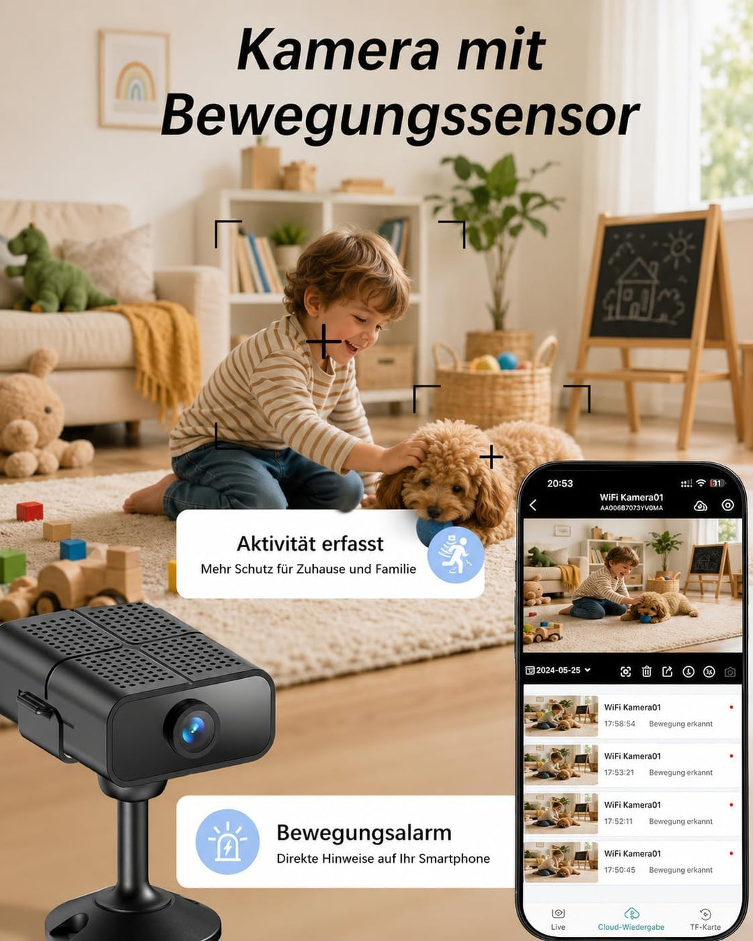 4K Mini Kamera, 2.4/5 Ghz WLAN Innenkamera 150° Weitwinkel &amp; Nachtsicht Objektiv automatische, Beweg
