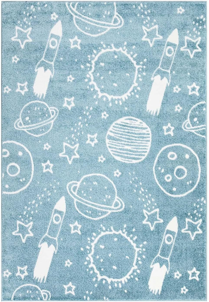 carpet city Teppich Kinderzimmer Weltall - Blau - 140x200 cm - Kinderteppich Kurzflor mit Sternen, R