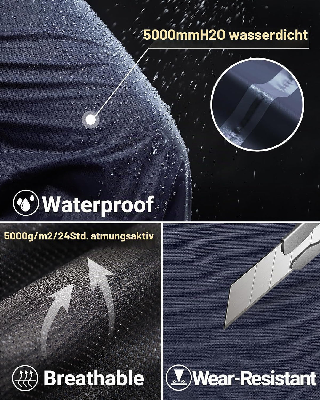 Regenhose Herren Wasserdicht Full Zip Wanderhose, Atmungsaktiv 2-Lagen Überziehhose Fahrrad Hose, Wi