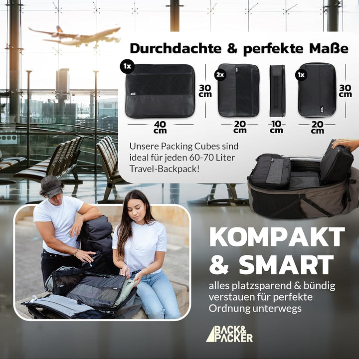 BACK&amp;PACKER® Packing Cubes mit Kompression 4-teilig - Packtaschen Set aus recyceltem Material - Leic