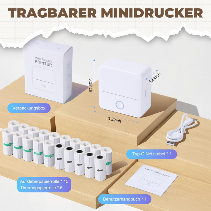 PRAOAHEI Mini Drucker, Tragbarer Fotodrucker mit 20 Rollen Druckerpapier, Bluetooth-Etikettendrucker
