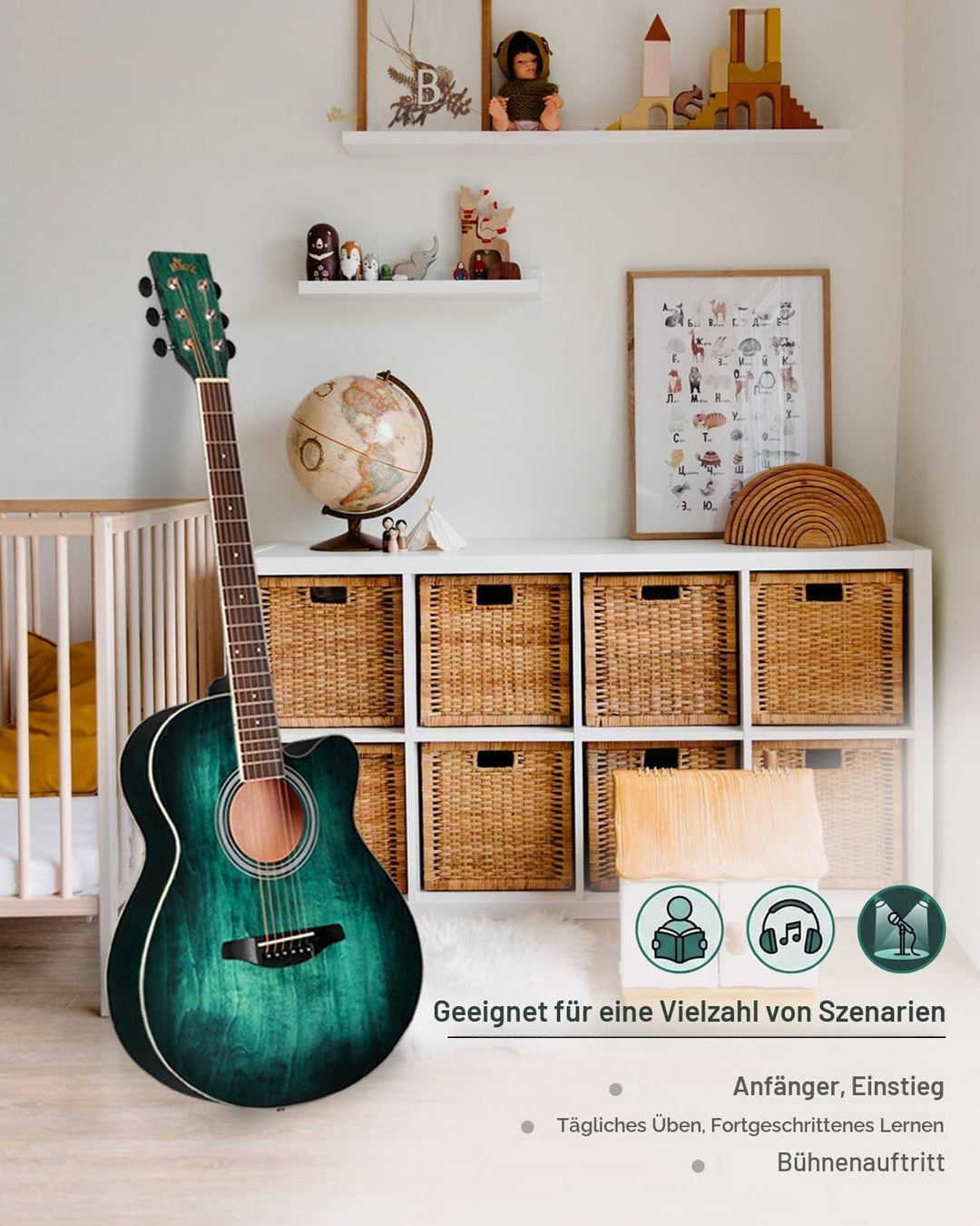 Winzz Akustikgitarre Blau-grün, Westerngitarre 40 Zoll, Gitarre Anfänger Set mit Gitarrenständer, Gi