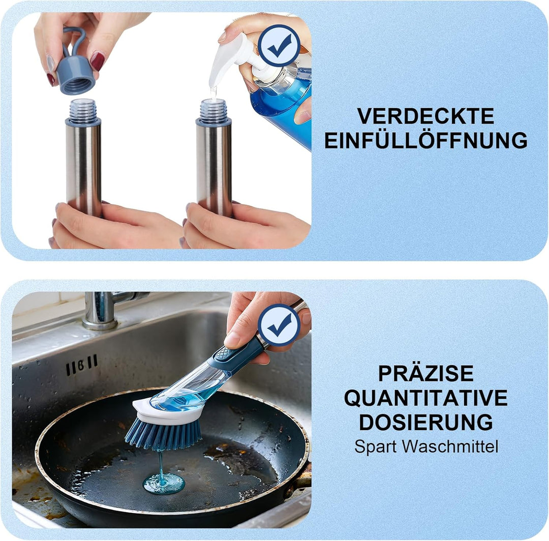 Spülbürste mit Spülmittelspender, Zvonema Küchenbürste mit ergonomischem Langer Griff, 4 Hochwertige