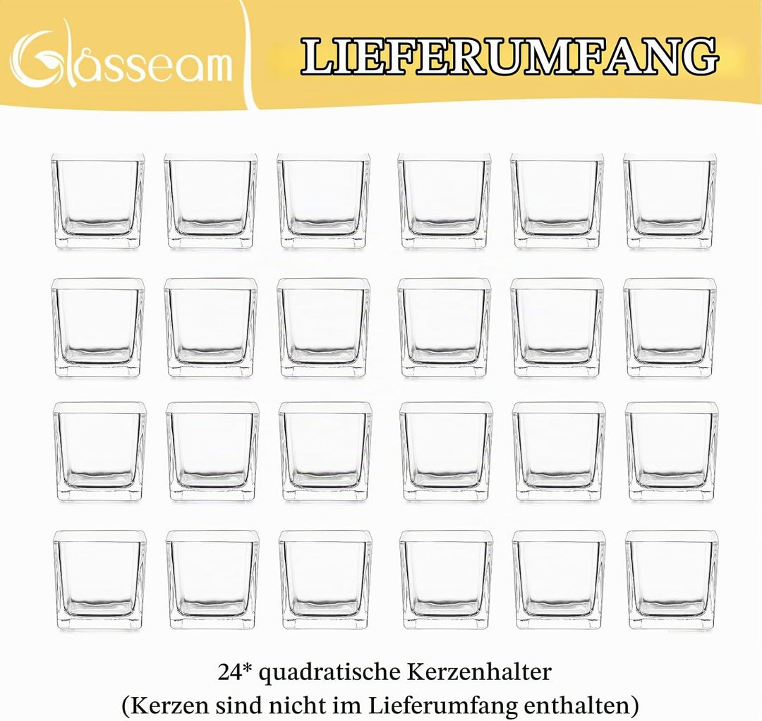 Glasseam Klar Teelichthalter Glas Satz von 24, Viereckig Teelichtgläser Klein Bulk, Kerzenhalter Wei