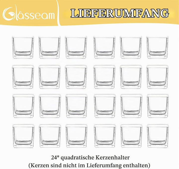 Glasseam Klar Teelichthalter Glas Satz von 24, Viereckig Teelichtgläser Klein Bulk, Kerzenhalter Wei