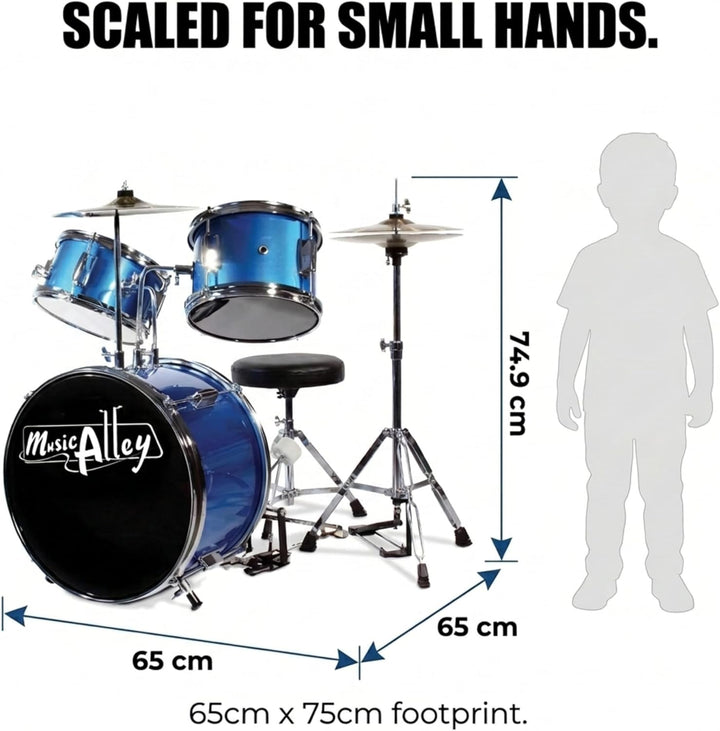 Music Alley Junior Drum Kit for Kids with Kick Drum Pedal, Drum Stool & Drum Sticks - Blue Blue Sing