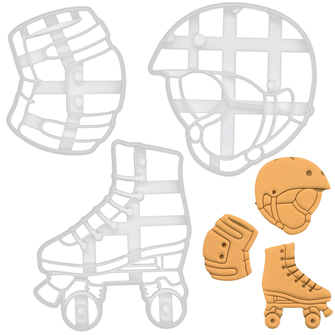 Satz von 3 Rollschuhlaufen Ausstechformen (Formen: Skate Helm, Knieschoner, Rollschuh), 3 Teil