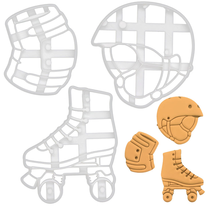 Satz von 3 Rollschuhlaufen Ausstechformen (Formen: Skate Helm, Knieschoner, Rollschuh), 3 Teil