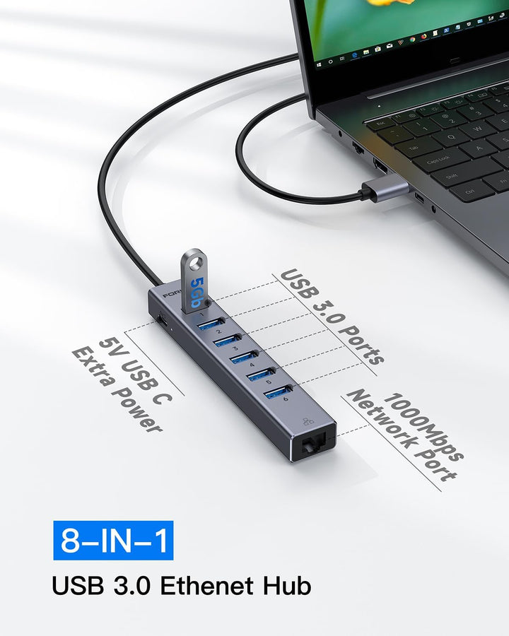 8Port USB Hub 3.0 mit 120cm Kabel, USB zu Netzwerk-Hub mit 6 3.0 Ports und 1000Mbps LAN Adapter, 5V/