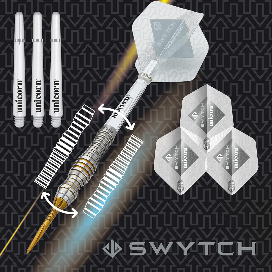 Unicorn Steel Tip Darts Set | Swytch | 80% Natural Tungsten Barrels with Black, Blue, Golden or Ross