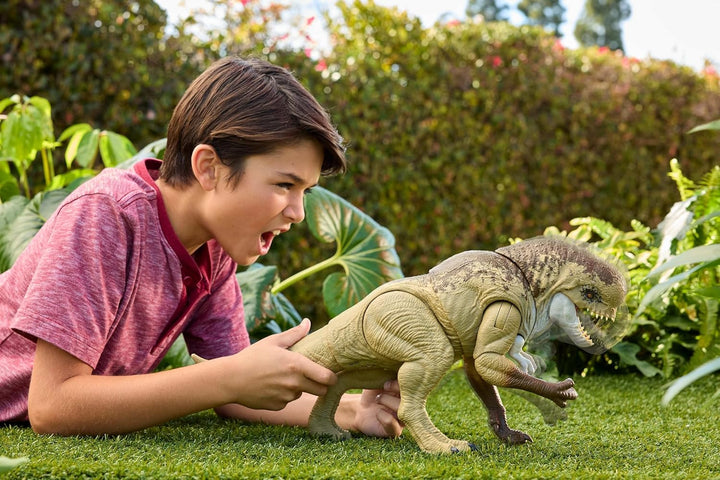 Mattel Jurassic World: Die Wiedergeburt Bösewicht Dino Doppelattacke Dinosaurier-Actionfigur, 56 cm,