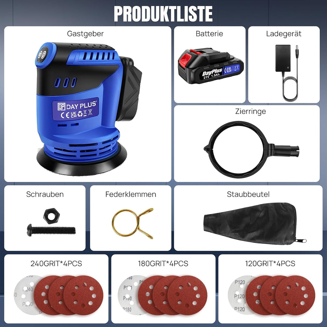Exzenterschleifer, 280W 11000 U/min mit variabler Drehzahl, 12 Stück Schleifpapier, 125mm Schleifpad