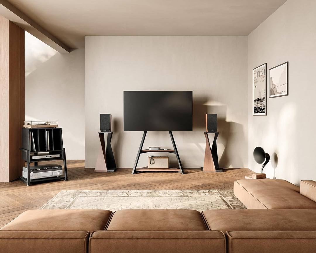 FITUEYES Plattenspieler Tisch aus Holz Metall HiFi Rack für Plattenspieler 120 Platten Kompaktanlage