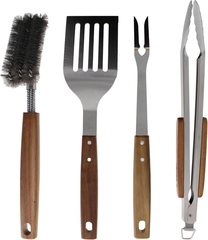 Grillbesteck Set 4-teilig aus Edelstahl Grill-Set 42 cm mit Holzgriffen und Aufhänge-Ösen Grillzubeh