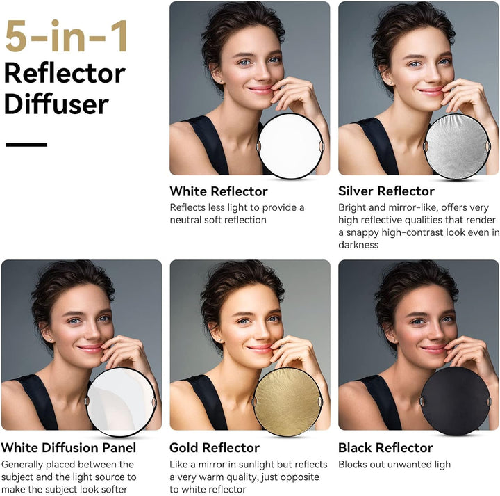 SMALLRIG 5 in 1 Reflektor 110cm 42-Zoll Lichtreflektor, mit Griff, Zusammenklappbarer Fotografie Ref