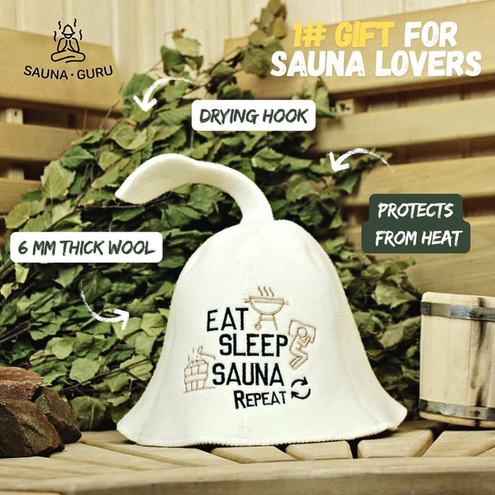 Sauna Guru Saunahut 'Eat, Sleep, Sauna, Repeat' White - 100% organische Wollfilzmützen - Schützen Si