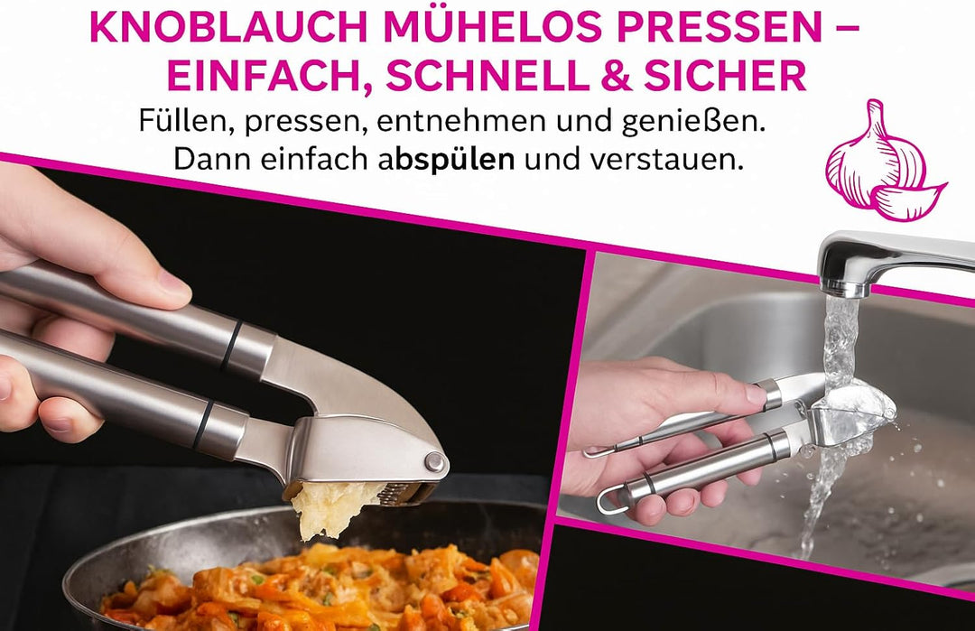 Manuelle Knoblauchpresse aus Edelstahl – Profi Küchenhelfer zum schnellen Schälen & Zerkleinern von