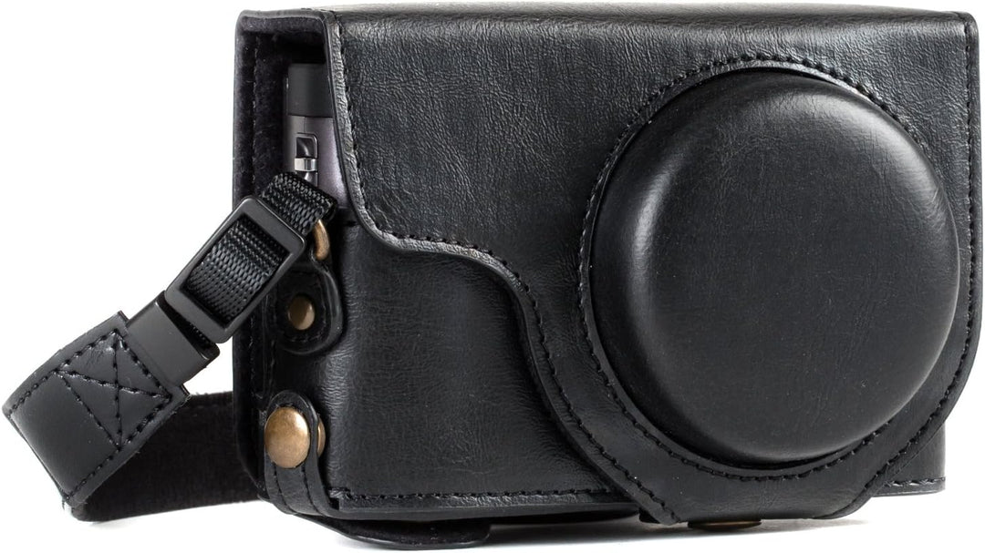 MegaGear MG1258 Panasonic Lumix DC-TZ95, DC-TZ90 Ever Ready Leder Kamera-Case mit Trageriemen - Schw