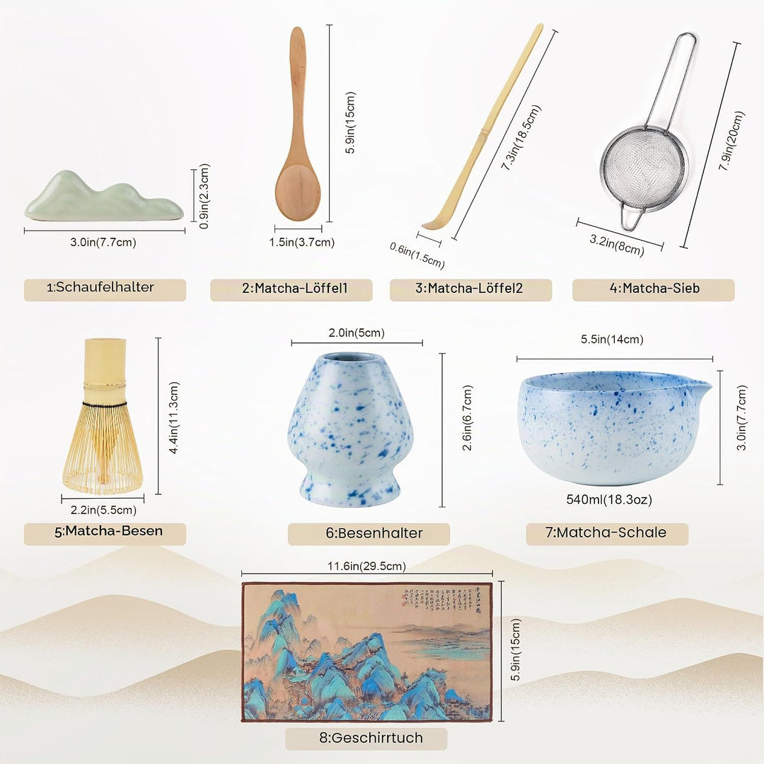 Premium Matcha Tea Set 8- piece Matcha Broom Set with Whisk, Broom Holder, Ceramic Bowl, 2 Teaspoons