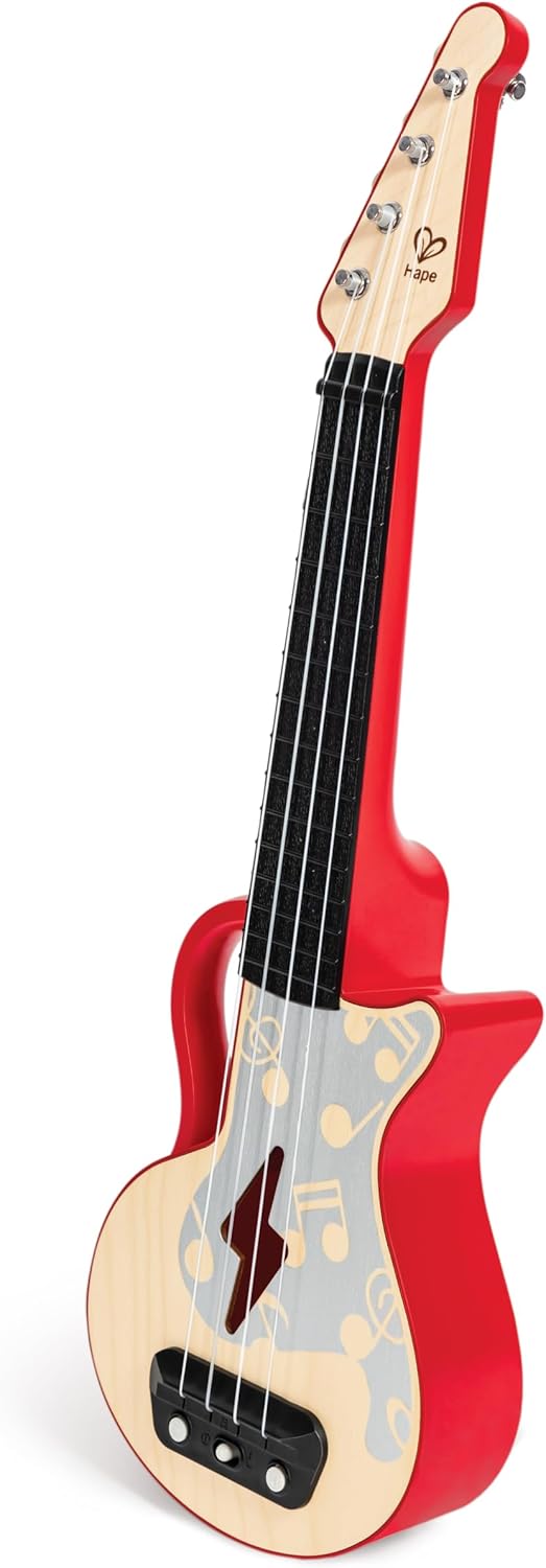 Hape Elektrische Ukulele mit stimmbaren Saiten und Führungslichtern für Kinder ab 3 Jahren, rot