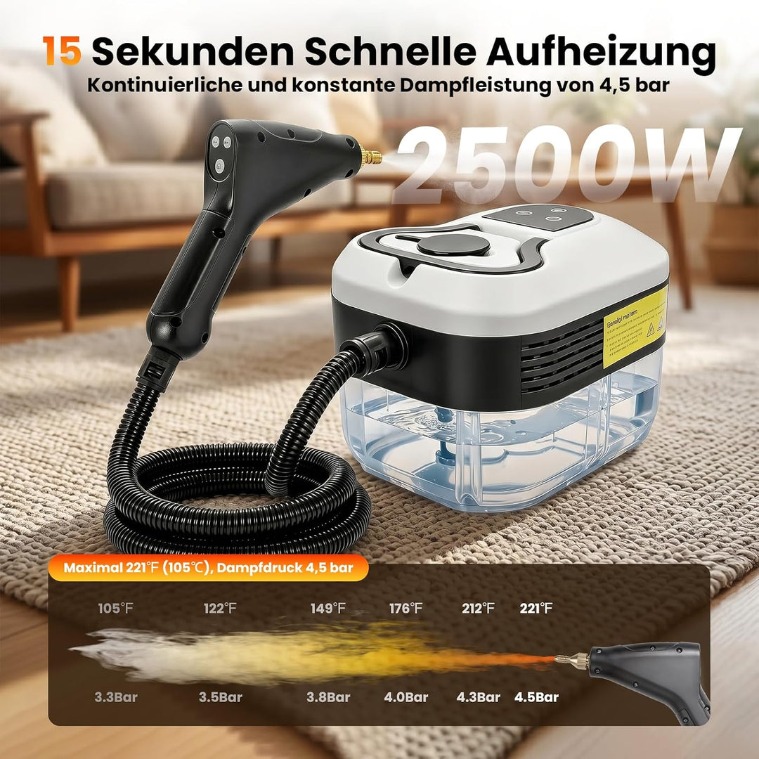 4.5 Bar Dampfreiniger Handgerät, 2500W Handdampfreiniger für das Haus Mehrzweck, 6 Einstellbare Gesc