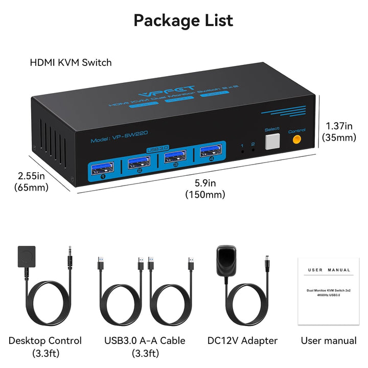 HDMI KVM Switch 2 PC 2 Monitore 4K60Hz USB 3.0 KVM-Switches für Zwei Computer teilen sich Dual Monit