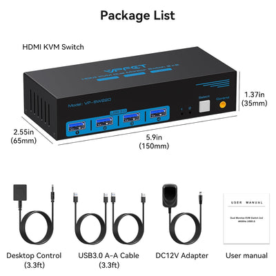 HDMI USB 3.0 KVM Switch 2 PC 2 Monitore 4K@60Hz KVM-Switches für 2 Computer/Laptops teilen sich Dual