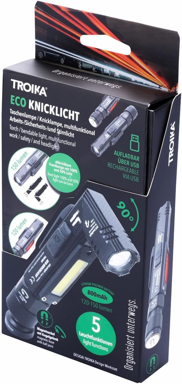 Troika Akku Taschenlampe-Knicklampe-Stirnlicht ECO Knicklicht Spritzwassergeschützt, 150 Lumen, TOR5