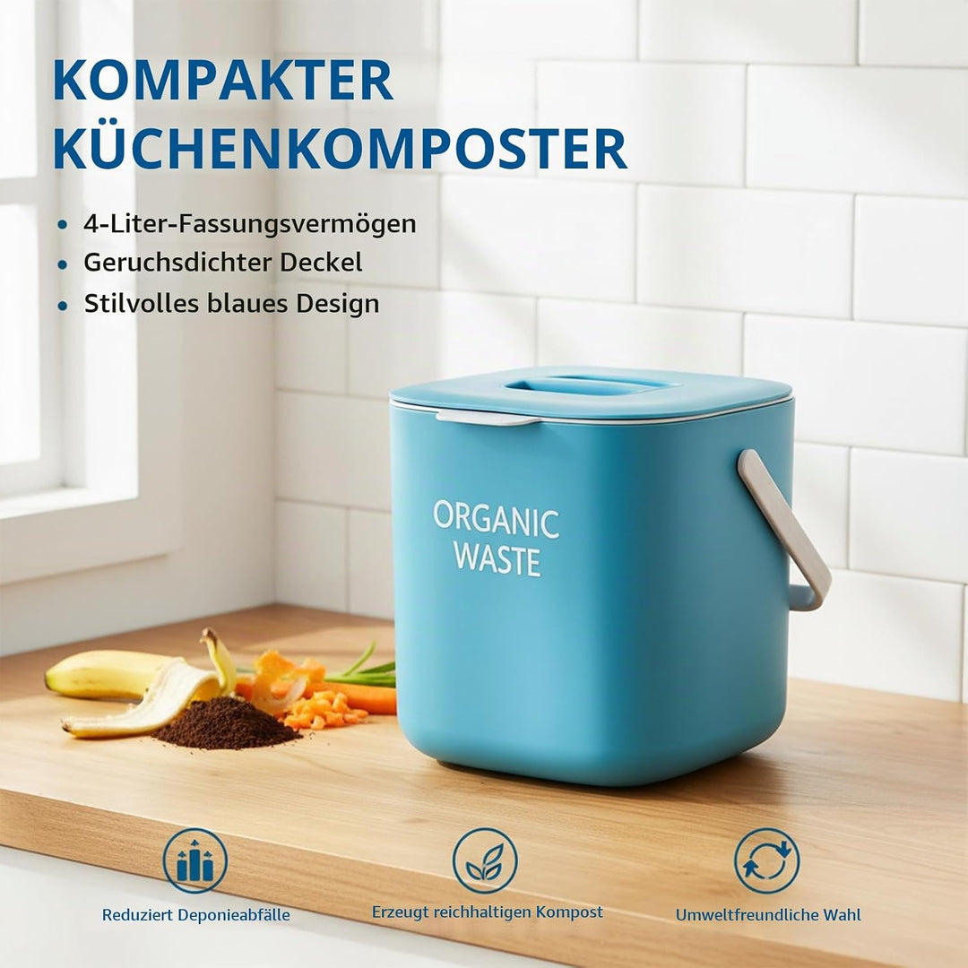 Kleiner Biomülleimer Küche, 4L Biomülleimer Küche mit Aktivkohlefilter &amp; Sieb - Geruchsneutral, Spül