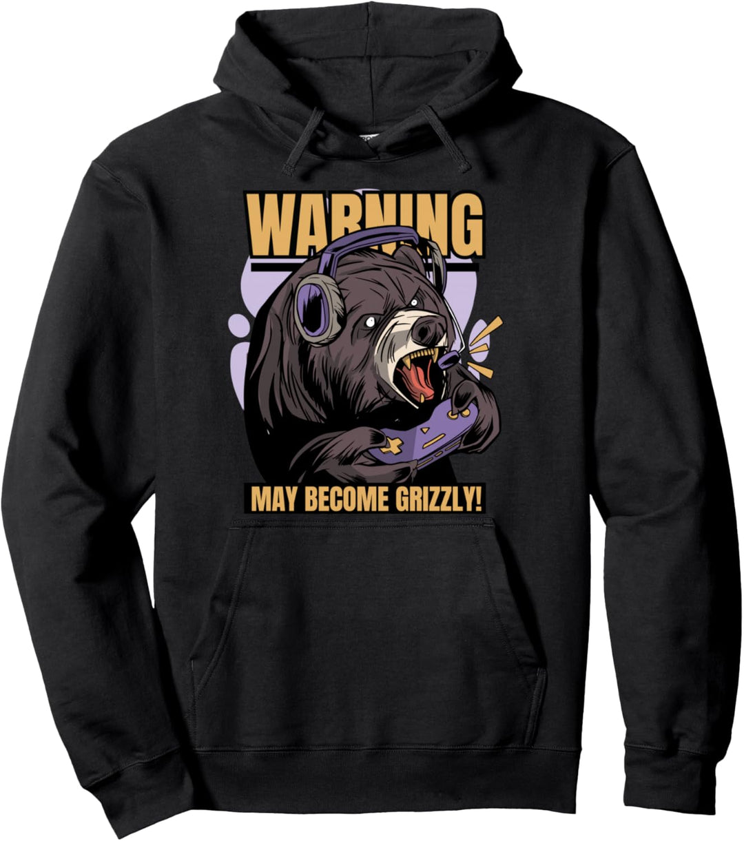 Warning May Become Grizzly Lustiger Gamer Bär Gaming Spruch Pullover Hoodie