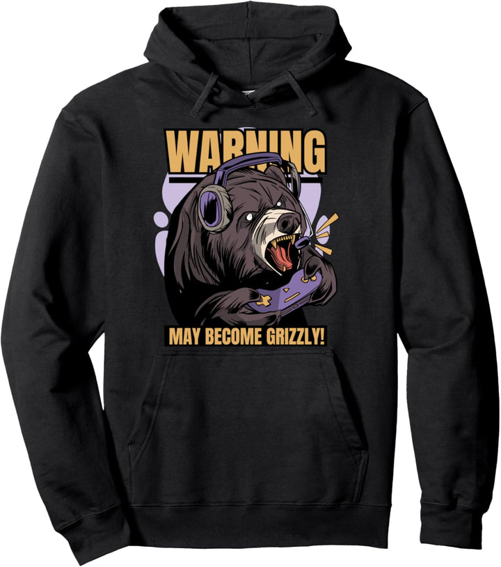 Warning May Become Grizzly Lustiger Gamer Bär Gaming Spruch Pullover Hoodie