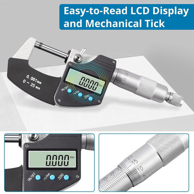 AUTOUTLET Micrometer Digitale Bügelmessschrauben 0-25 mm/ 0.001mm(0.00005"), LCD Digitale Mikrometer