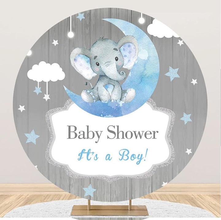 Renaiss 1.8x1.8m Elefant Baby Dusche Runde Kulisse für Jungen Blau Mond Sterne Polyester Stoff Fotog