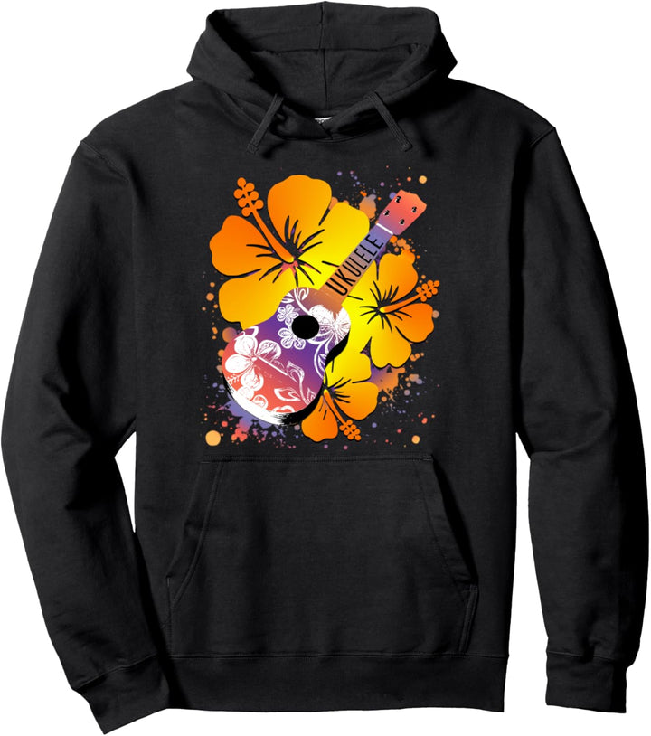 Happy Music UKULELE and HIBISCUS flowers Pullover Hoodie