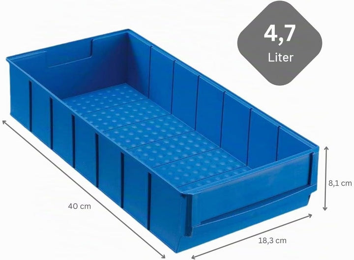 SuperSparSet 24x Blaue Industriebox 400 B | HxBxT 8,1x18,3x40cm | 4,7 Liter | Sichtlagerkasten, Sort