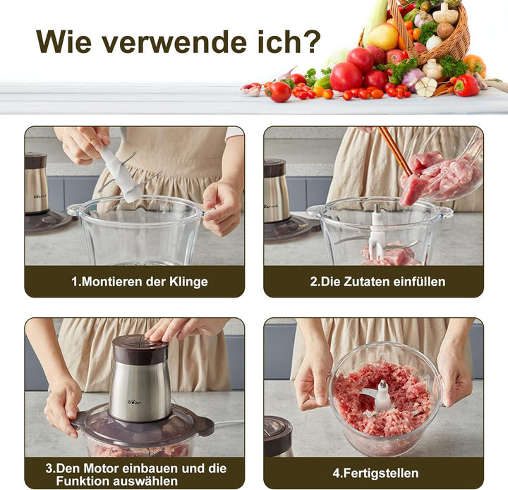 Bear 2L Universalzerkleinerer, Ein-Hand Puls Funktion,2600r/min,2 Geschwindigkeitsstufen, Häcksler m